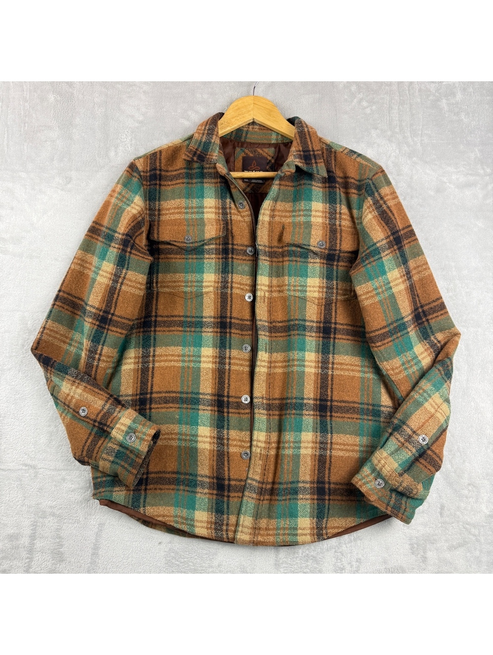 Prana Plaid Wool Blend Shirt Jacket S Brown Green Lined Shacket Outdoor Rugged